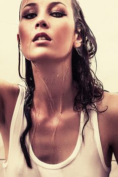 attractive wet brunette girl in shower box