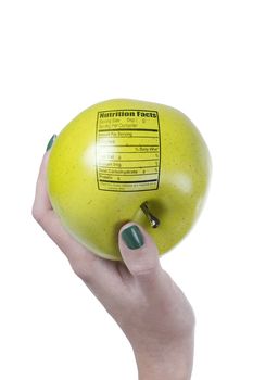 Apple with nutrition facts label in the form of a stamp