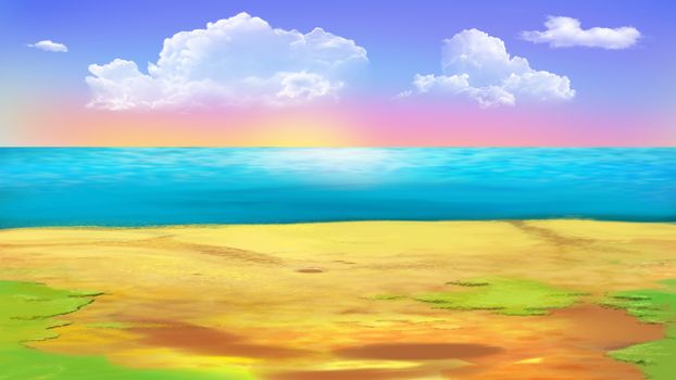 Shore of the Ocean, coast of tropical island. Digital Painting Background, Illustration in cartoon style character.