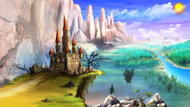 Magical Fairy Tale Castle Surrounded by Mountains above the River in a Summer Day. Digital Painting Background, Illustration in cartoon style character.