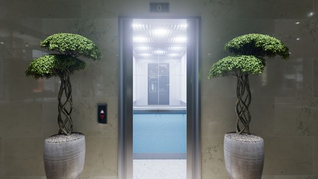 Open and closed chrome metal office building elevator doors concept animation
