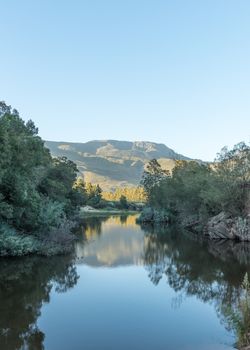 Sunset at the Riviersonderend (river without end) at the Khomeesdrif Resort near Riviersonderend town in the Western Cape Province