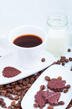 Chocolate with Cup of Coffee and Milk