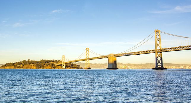 Suspension Oakland Bay Bridge in San Francisco to Yerba Buena Island with downtown