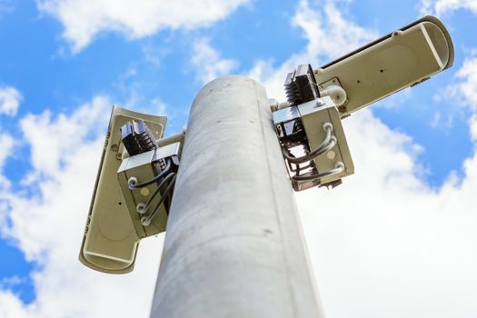 CCTV Security camera and urban video. Closeup view.