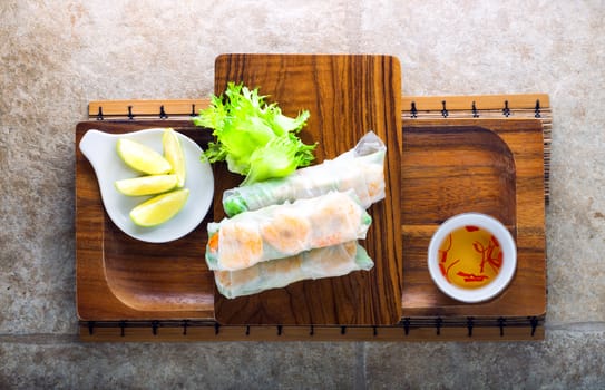 Vietnamese rice paper rolls with prawn and vegetables.