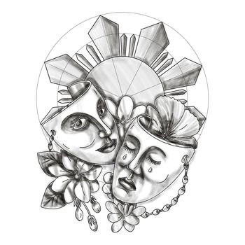 Tattoo style illustration showing a drama theater mask with hibiscus or rose mallow and arabian jasmine, Jasminum sambac or sampaguita and Philippine sun in background.