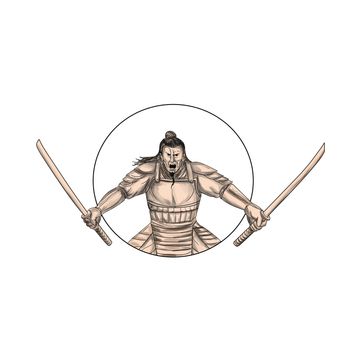 Tattoo style illustration of a Samurai warrior wielding two swords viewed from front set inside oval on isolated background. 