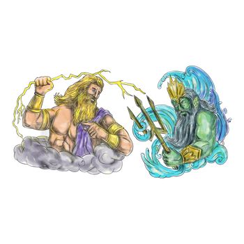 Tattoo style illustration of Zeus, Greek god of the sky and ruler of the Olympian gods wielding holding a thunderbolt lightning versus poseidon holding trident surrounded by waves viewed from the side set on isolated white background.