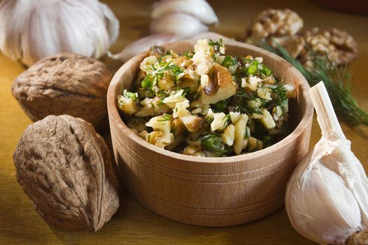 Garlic dip sauce with walnuts and ingredients