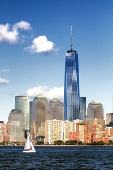 The New York City skyline at afternoon with the Financial district