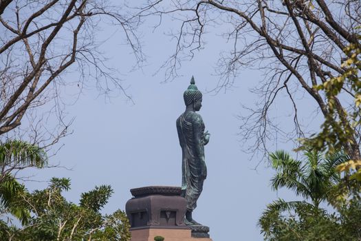 The old buddha statue stand on lotus in Thailand.