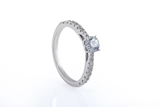 White Gold Wedding, Engagement Rings with Diamonds on white background