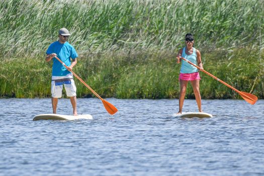 Man and woman stand up paddleboarding on lake. Young couple are doing watersport on lake. Male and female tourists are in swimwear during summer vacation.