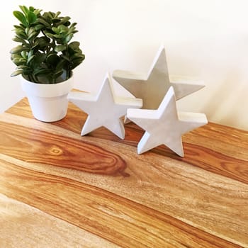 Decorative concrete stars and green plant on a wooden table. Home decor.