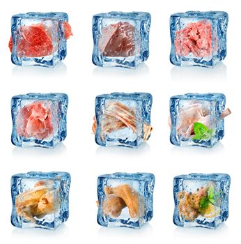 Set of frozen meat isolated on white background