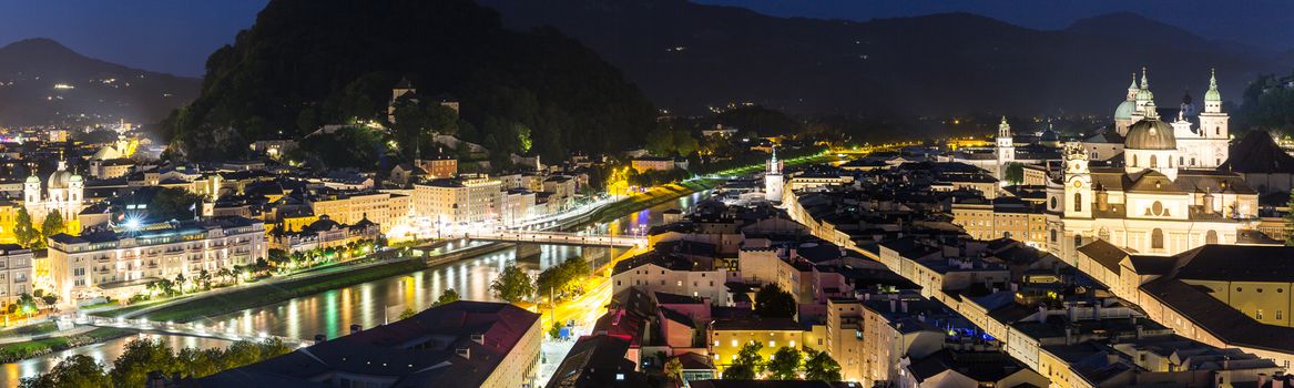 Salzburg Austria, Beautiful view of the historic city of Salzburger Land in Austria at night panorama