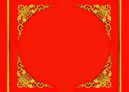 beautiful frame with floral pattern carving and barrier wood on red background