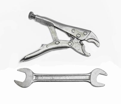 steel pliers and wrench for fix and useful on white background