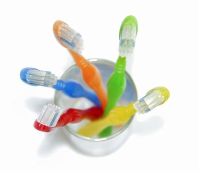 colorful toothbrushes in grass on withe background