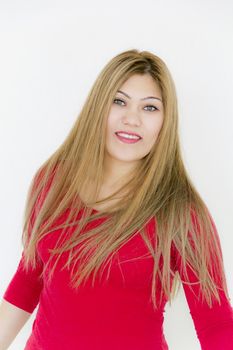 Vertical photo of attractive smiling girl with long brown healthy straight hair