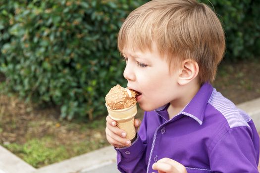 Horizontal photo of blond boy are eating icecream in summer