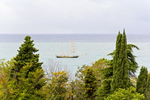 Panorama of Black sea with boat in summer sunny day