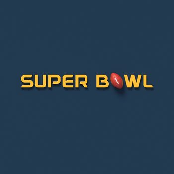 COLOR PHOTO OF 3D RENDERING WORDS 'SUPER BOWL' AND RUGBY BALL ON PLAIN BACKGROUND