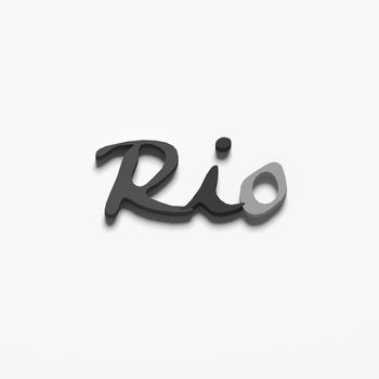BLACK AND WHITE PHOTO OF 3D RENDERING WORDS 'RIO' ON PLAIN BACKGROUND