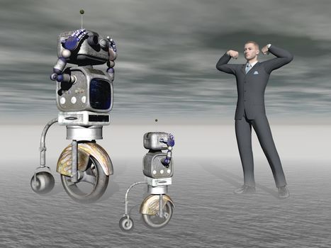 Robot and a human compete to win - 3d rendering