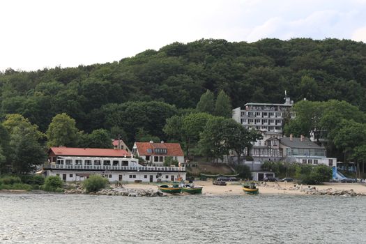 Complex of buildings by the sea.