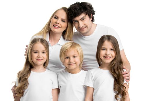Family portrait of five people with children isolated on white background