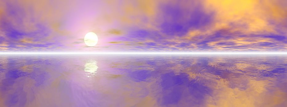 Horizon over the ocean by colorful sunset - 3D render