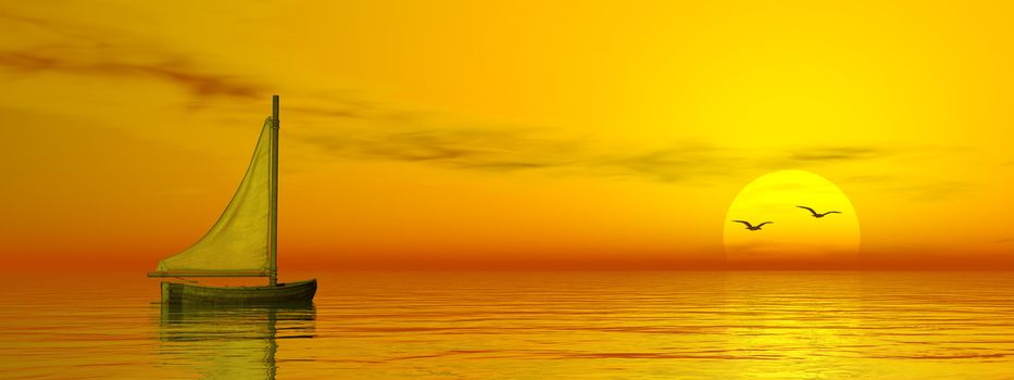 Small sailing boat on the ocean by sunset - 3D render