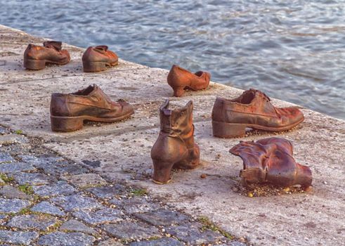 Close up on Iron shoes memorial to Jewish people executed WW2 in Budapest, Hungary