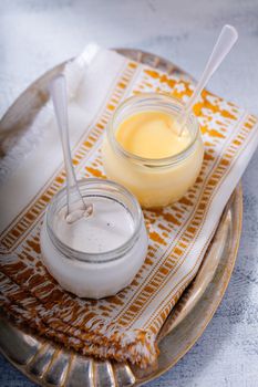 Coconut panna cotta and lemon kurd on a napkin