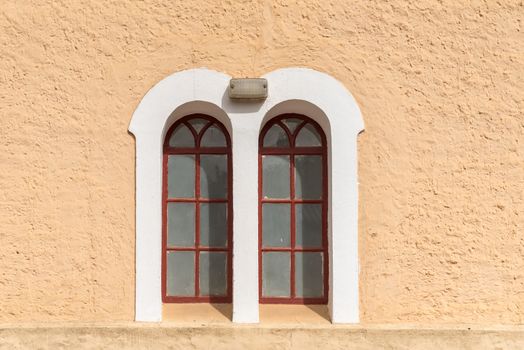Windows of the historic Moravian Church in Genadendal, built 1891-1893. Genadendal is the first mission station in South Africa, founded 1738