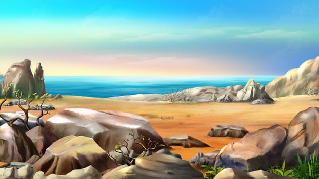 Rocky Shore Against Blue Sky in a Summer Day. Digital Painting Background, Illustration in cartoon style character.