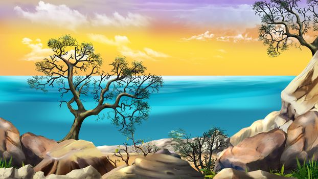 Sea View from the Cliff at Dawn against the Yellow Sky. Digital Painting Background, Illustration in cartoon style character.