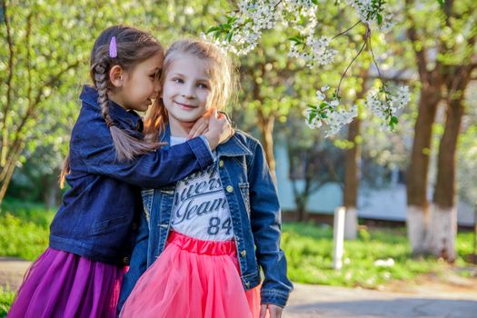 Two girls telling secret among spring garden