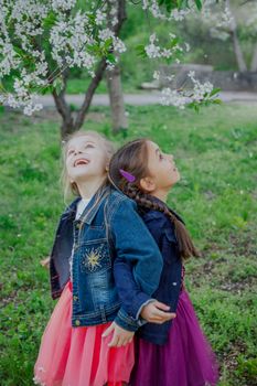 Two happy girls enjoying falling petals in spring garden