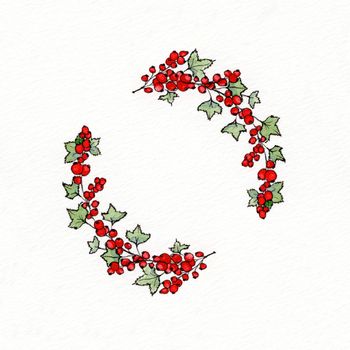 Wreath with graphic leaves and redcurrants. Used for wedding invitation, greeting cards
