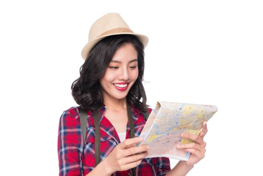 Young beautiful asian woman with map on white background