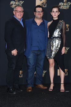 Bill Condon, Josh Gad, Emma Watson at the 2017 MTV Movie & TV Awards, Press Room, Shrine Auditorium, Los Angeles, CA 05-07-17