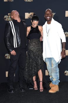 Vin Diesel, Jordana Brewster, Tyrese Gibson at the 2017 MTV Movie & TV Awards, Press Room, Shrine Auditorium, Los Angeles, CA 05-07-17