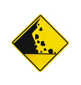 Rock falling warning sign isolated on white with clipping path