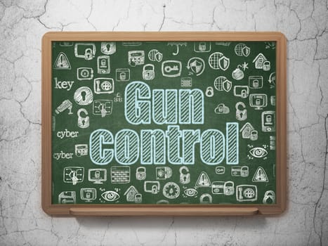 Protection concept: Chalk Blue text Gun Control on School board background with  Hand Drawn Security Icons, 3D Rendering