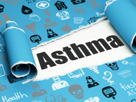 Healthcare concept: black text Asthma under the curled piece of Blue torn paper with  Hand Drawn Medicine Icons, 3D rendering