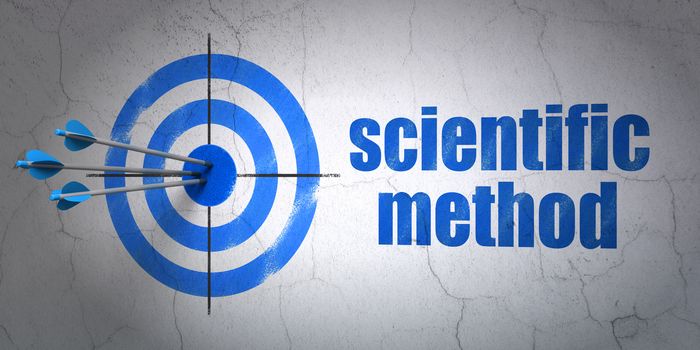 Success Science concept: arrows hitting the center of target, Blue Scientific Method on wall background, 3D rendering