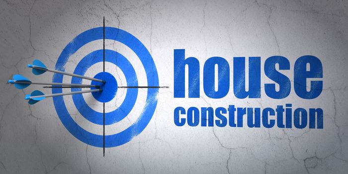 Success construction concept: arrows hitting the center of target, Blue House Construction on wall background, 3D rendering